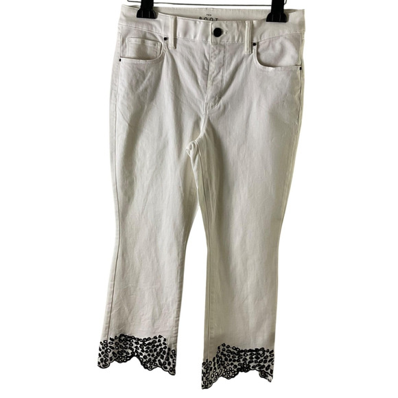 LOFT The Boot Crop Womens 8P White Pants Black Embroidered Hem High Rise Petite - Picture 1 of 10